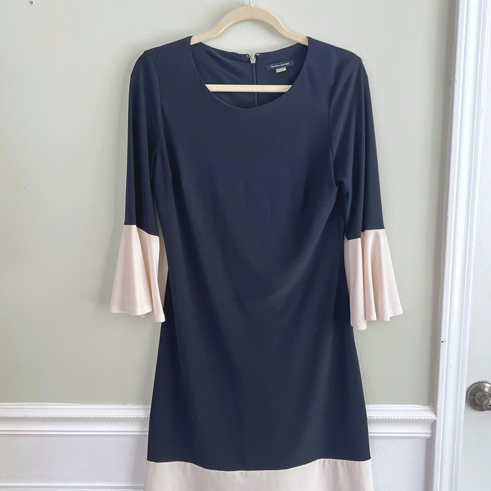 Tommy Hilfiger Sheath Dress Womens Sz 8 Colorblock Bell Sleeve Navy Cream Career